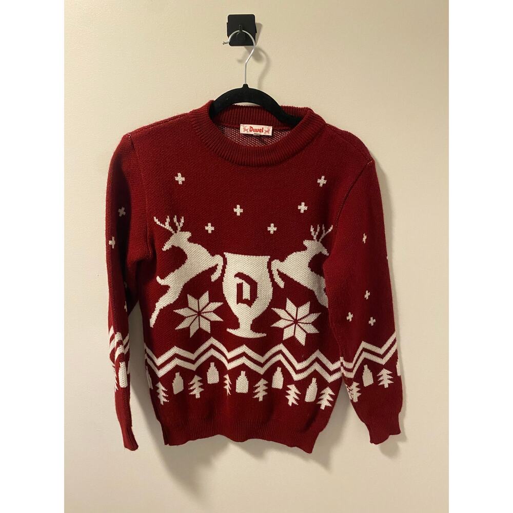 Duvel Christmas Sweater Red and White Reindeer and Goblet Pattern-Size S